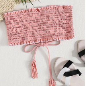 Light Pink Smocked Lace-Up Bandeau Bikini Top